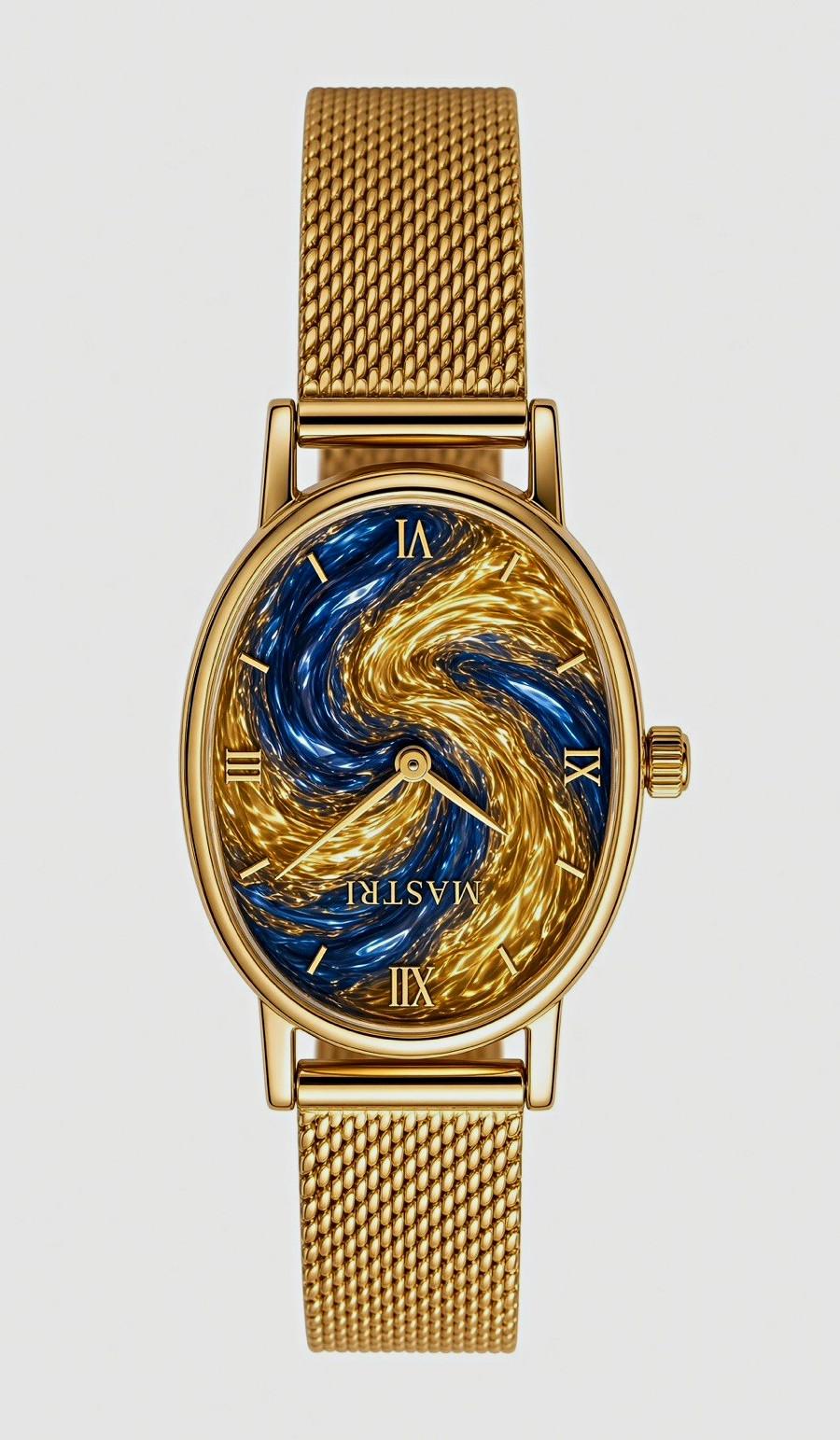 MASTRI Quartz Dress Watch Gold-Tone Mesh Band Oval Blue/Gold Swirl Dial 20mm MAS