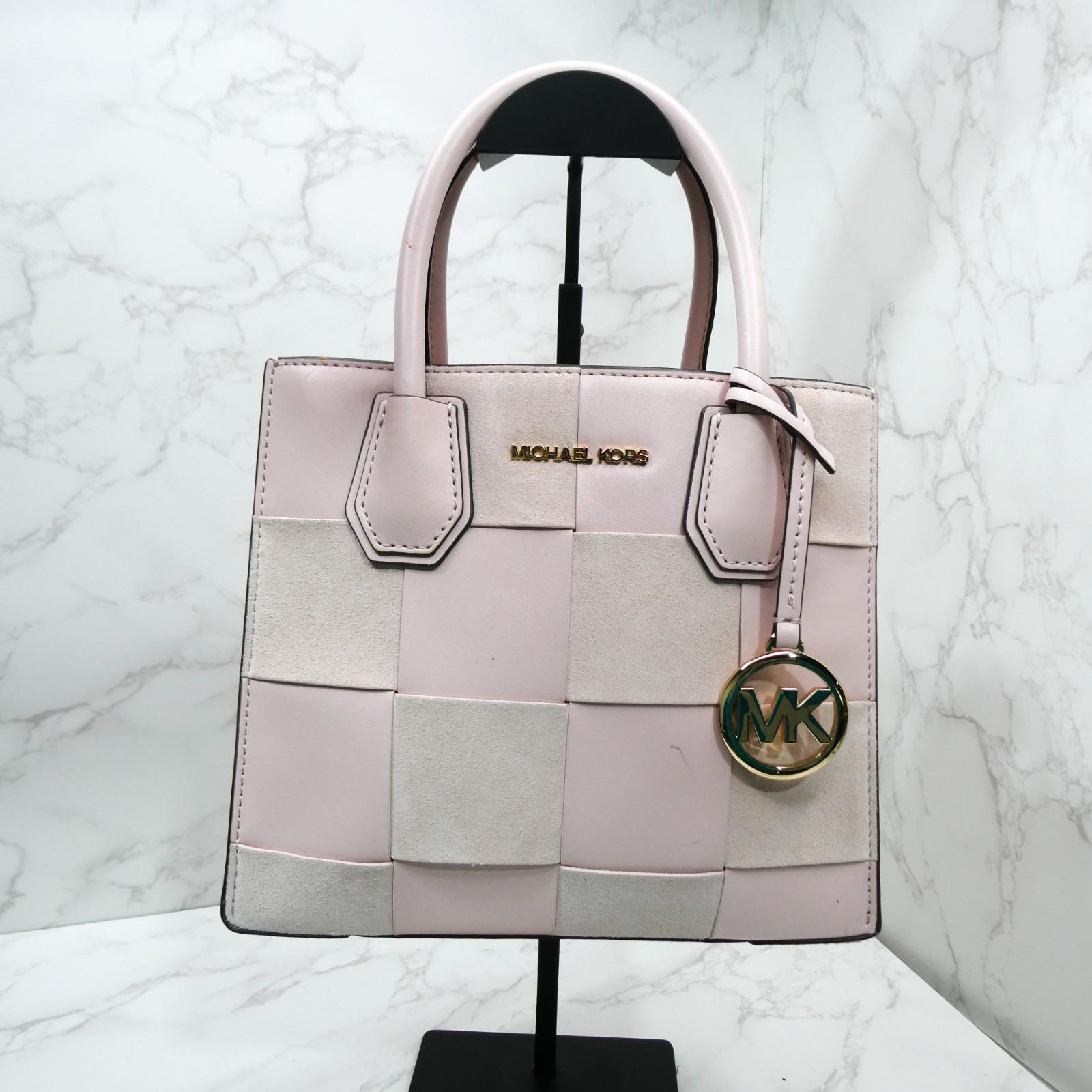 Michael Kors Mercer Gallery Woven Leather Suede Satchel Bag Pink Gold Tone